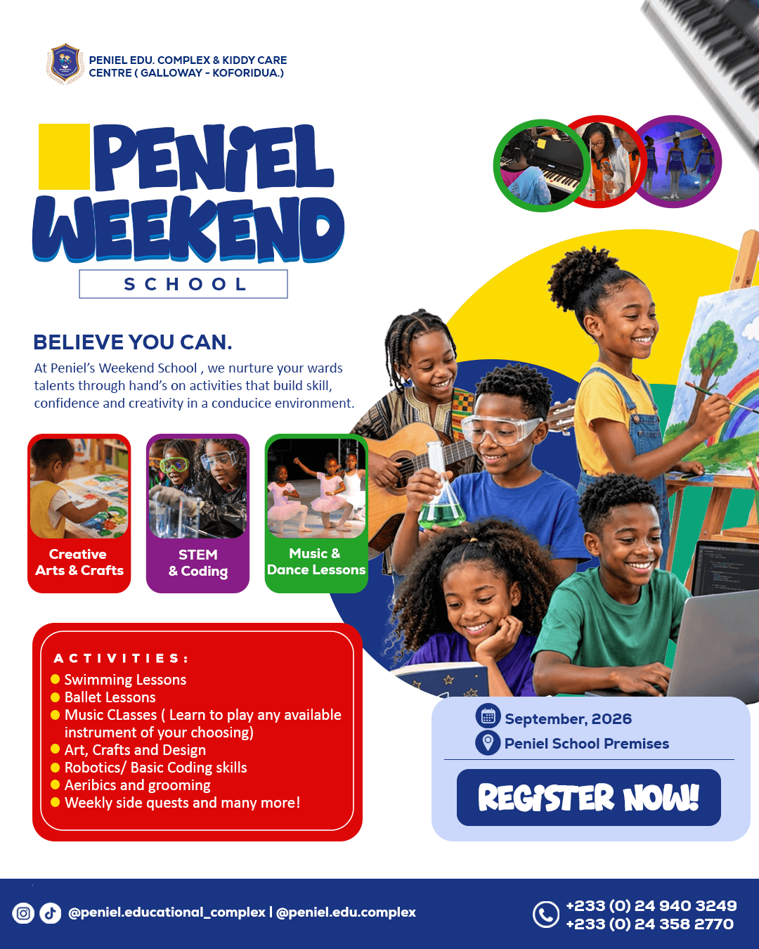 Peniel Weekend School promotional poster with creative activities