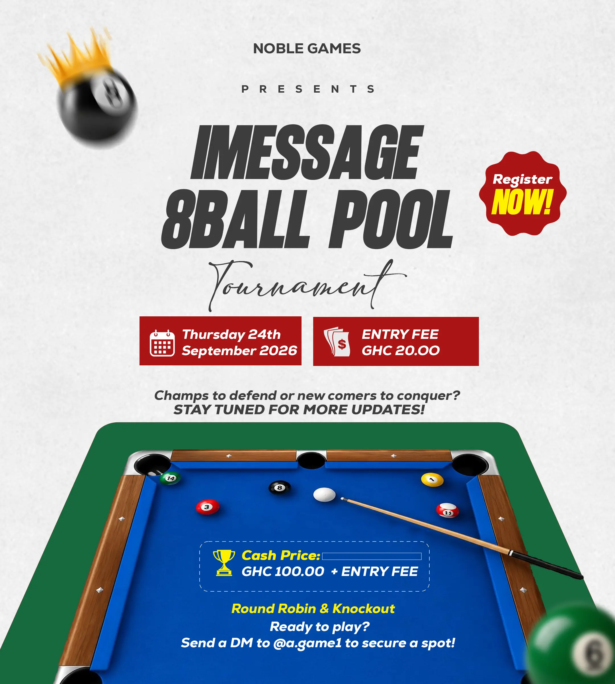 Noble Games Message 8Ball Pool Tournament promotional poster